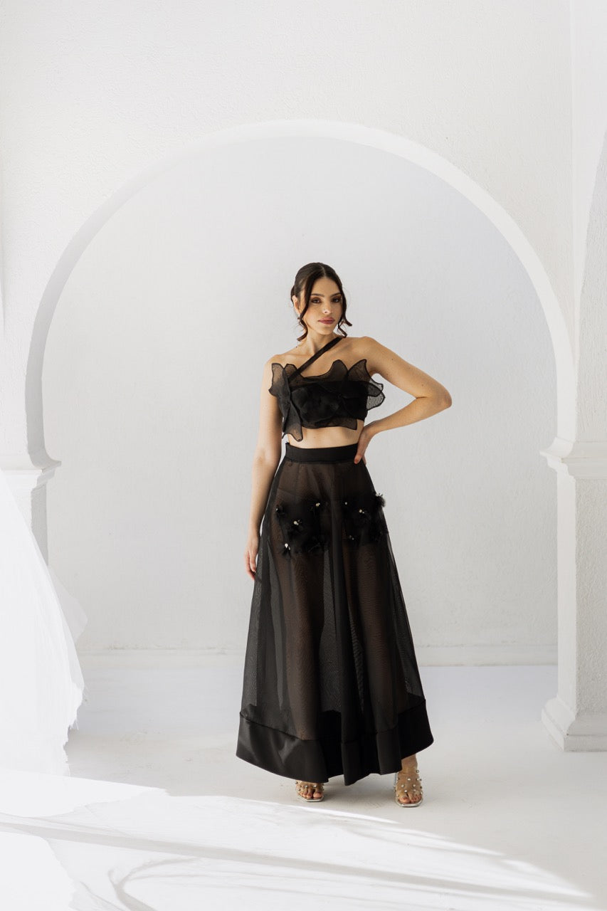 Vestido Preto de 2 peças de petalas