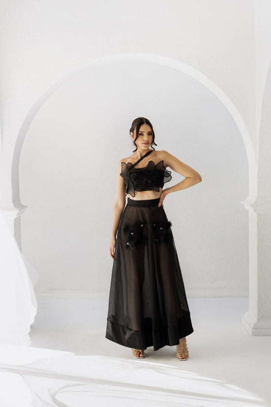 Vestido Preto de 2 peças de petalas
