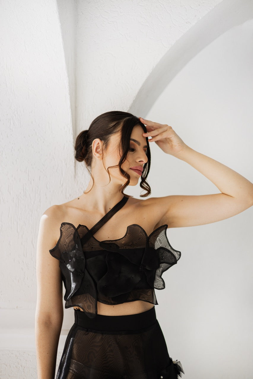 Vestido Preto de 2 peças de petalas